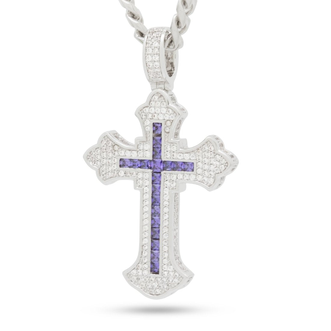Fleur de Lis Cross Necklace in White Gold / 2" by King Ice