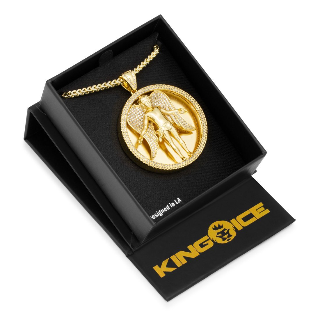 Angel Medallion Necklace in 14K Gold / 2" by King Ice