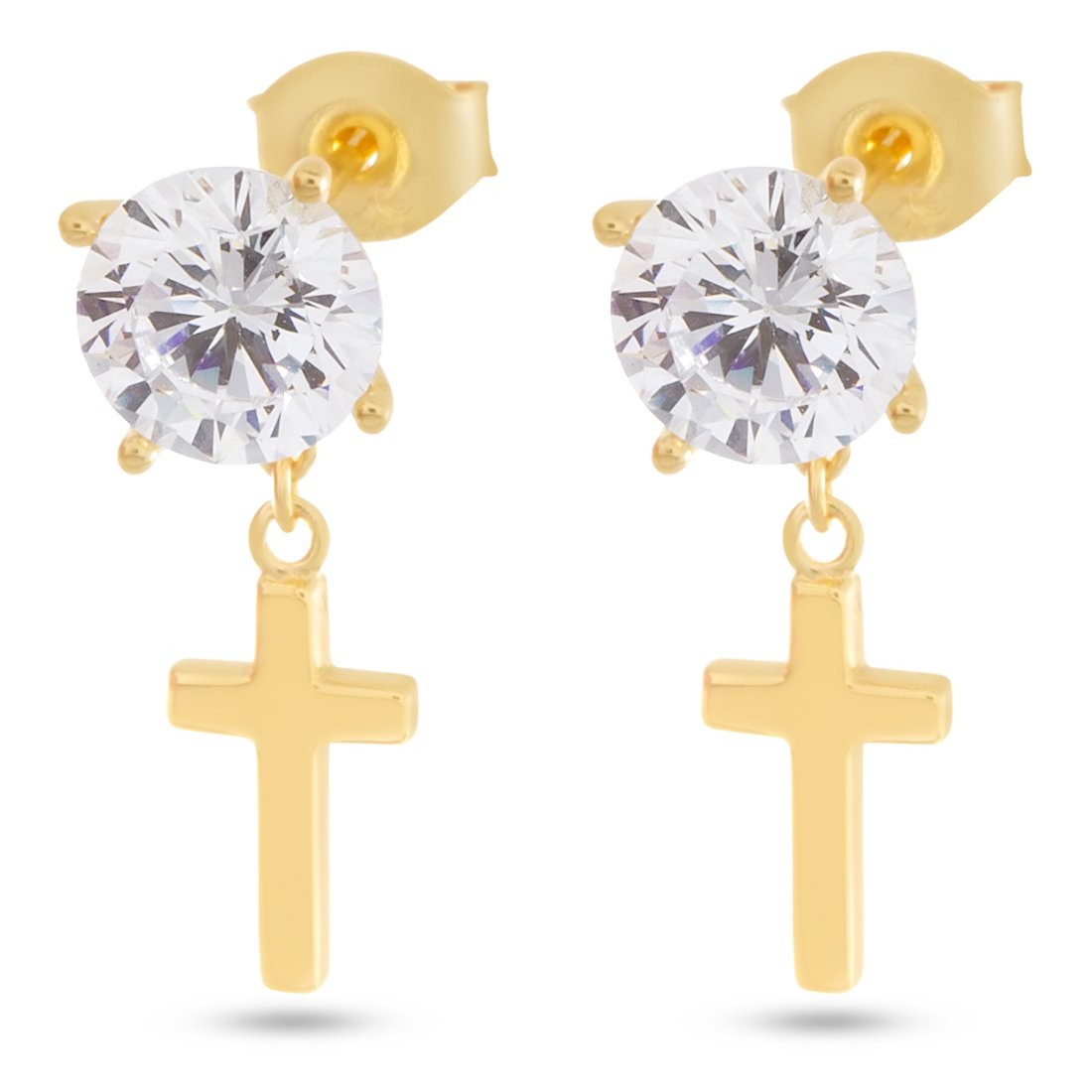 Brilliant-Cut Hanging Cross Earrings in Sterling Silver / 14K Vermeil / 0.8" by King Ice