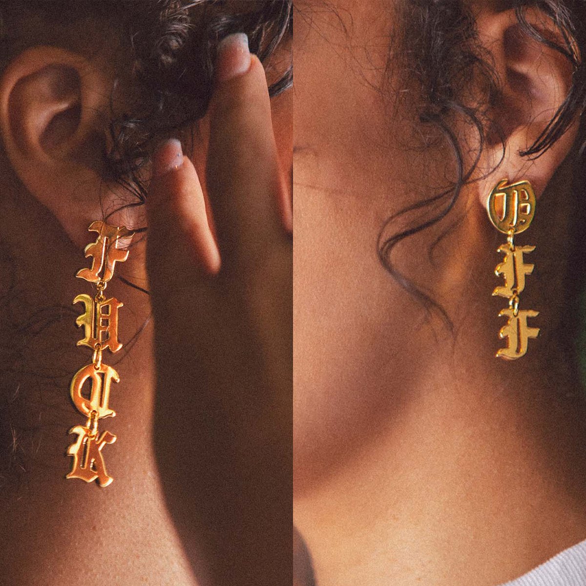 Fuck Off Hanging Earrings in Gold Plated / 14K Gold / 2.5" by King Ice