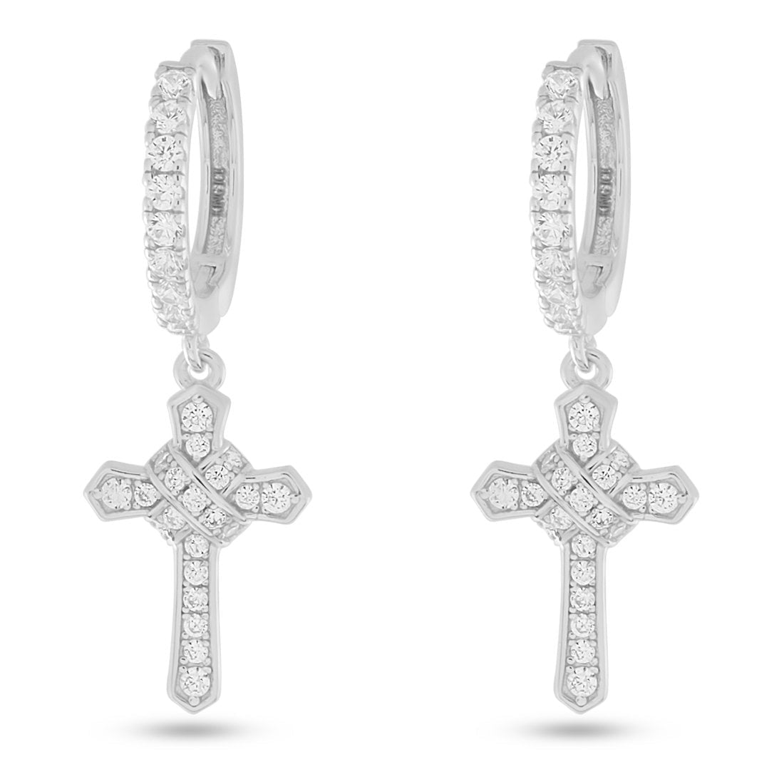Iced Wrapped Cross Earrings in Sterling Silver / White Gold / 1.2" by King Ice