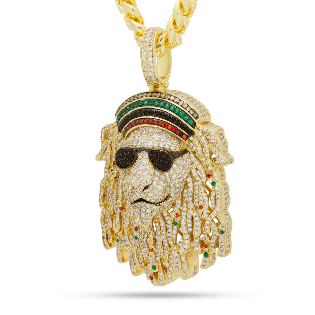 Icy Rasta Lion Necklace in 14K Gold / 2.8" by King Ice
