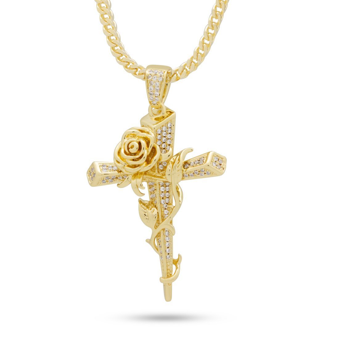 Rose Thorned Cross Necklace  in  14K Gold / 1.9" by King Ice